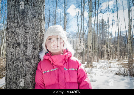 Girl in woolly hat, Troll Falls, Canmore, Canada Stock Photo