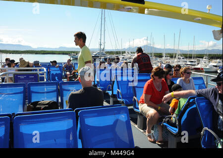 Passengers on the Yasawa flyer leaving port Denarau Marina in Nadi, Fiji Stock Photo