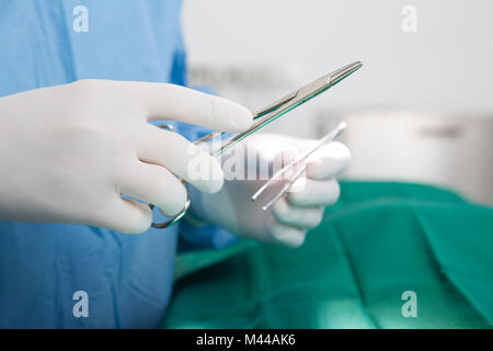 Vet holding surgery instruments Stock Photo