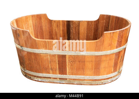 Empty vintage wooden bathtub isolated on white background. Stock Photo
