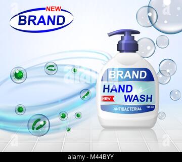 Antibacterial hand gel wash ads, dispenser bottle with transparent bubbles isolated on background. 3d realistic antiseptic banner. vector illustration Stock Vector