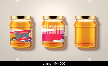 Pure honey jar mockup, top view of glass jars with honey in 3d illustration, some with labels and package design Stock Vector