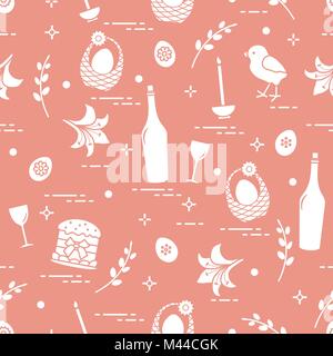 Pattern of Easter symbols: Easter cake, chick, lily, baskets, eggs and other. Design for banner, poster or print. Stock Vector