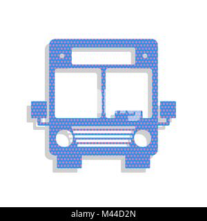 Bus sign illustration. Vector. Neon blue icon with cyclamen polka dots pattern with light gray shadow on white background. Isolated. Stock Vector