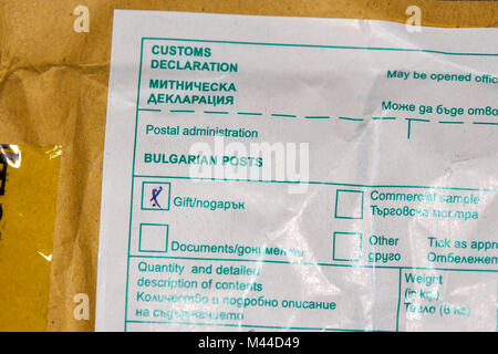 customs declaration on parcel sent from bulgaria marked as a gift Stock Photo