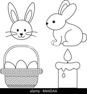 Line art black and white easter icon set bunny candle egg basket icon poster. Stock Vector