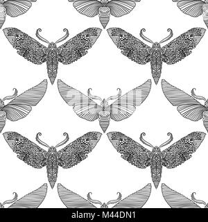 Night moth in mandala style. Black and white background with butterfly. Vector insects seamless pattern. Stock Vector