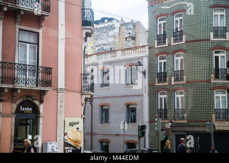 View from tram 28E as it crosses the city from west to east in Lisbon, Portugal. Stock Photo