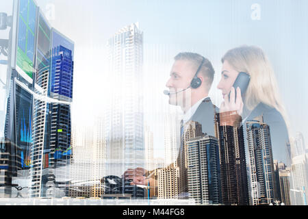 Double exposure of stock market brokers and modern office buildings Stock Photo