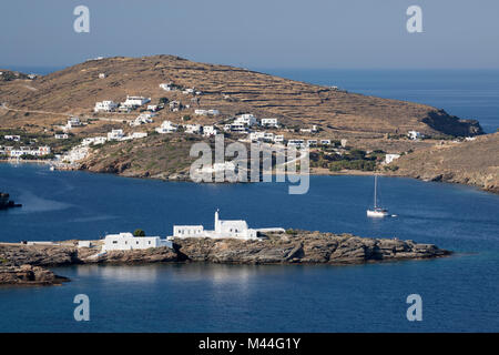 View of Chrisopigi Monastery and Faros on island's south east coast, Sifnos, Cyclades, Aegean Sea, Greek Islands, Greece, Europe Stock Photo