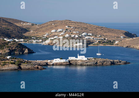 View of Chrisopigi Monastery and Faros on island's south east coast, Sifnos, Cyclades, Aegean Sea, Greek Islands, Greece, Europe Stock Photo
