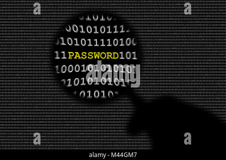Shadow of hand holding magnifying lens over binary code and password text Stock Photo