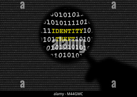 Shadow of hand holding magnifying lens over binary code and identity theft text Stock Photo
