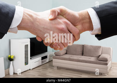 Cropped closeup of realtor shaking hands with businessman in living room Stock Photo