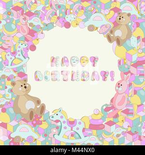 Happy Birthday typographic vector pastel cartoon doodles baby toy design for greeting cards, invitations Stock Vector