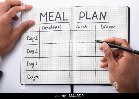 High Angle View Of A Person's Hand Filling Meal Plan In Notebook Stock Photo