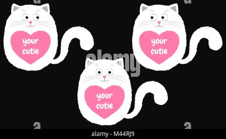 Vector White Cat in Cartoon Style. Funny Illustration of Sitting White Kitten with Pink Heart-spot and with Inscription Your Cutie. Cute Thick Cat Stock Vector