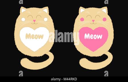 Vector Beige Cat in Cartoon Style. Funny Illustration of Sitting Beige Kitten with Closed Eyes, with White and Pink Heart-spot and Inscription Meow. C Stock Vector