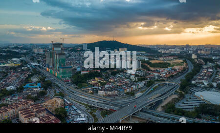 Aerial view of KL City suburb showing road and rail interchange Stock Photo