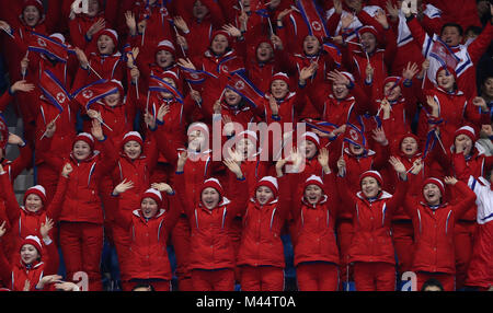 North Korea cheerleaders during the Pairs Figures Skating at the Gangneung Ice Arena during day five of the PyeongChang 2018 Winter Olympic Games in South Korea. Stock Photo