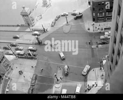 Aerial view of the intersection of Michigan Avenue and Wacker Drive in downtown Chicago, ca. 1948. Stock Photo
