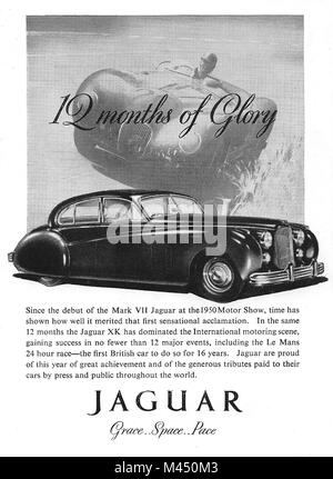 Jaguar '12 months of glory' car advert, advertising in Country Life magazine UK 1951 Stock Photo