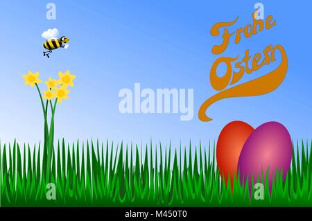 Yellow flowers in the grass with bees, Happy Easter and spring time illustration Stock Vector