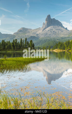 Mount Becco di Mezzodì and lake Federa;Cortina d'Ampezzo,Belluno district,Veneto,Italy Stock Photo