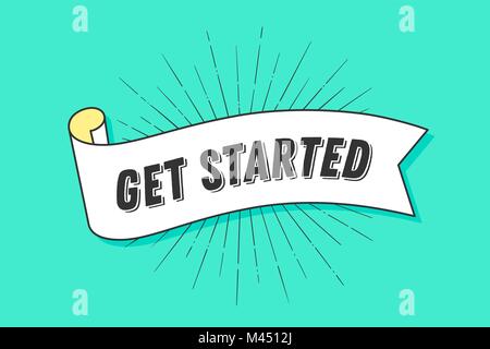 Get started. Vintage trendy ribbon with text Get Started and linear drawing of sun rays, sunburst. Banner with ribbon, hand-drawn element for design Stock Vector