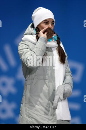 Russian athlete (OAR) Anastasia Bryzgalova receives her Bronze medal for Mixed Doubles Curling during the medal ceremony at the Medal Plaza during day five of the PyeongChang 2018 Winter Olympic Games in South Korea. Stock Photo