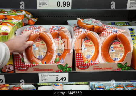 Pork ring sausage in a shop Stock Photo