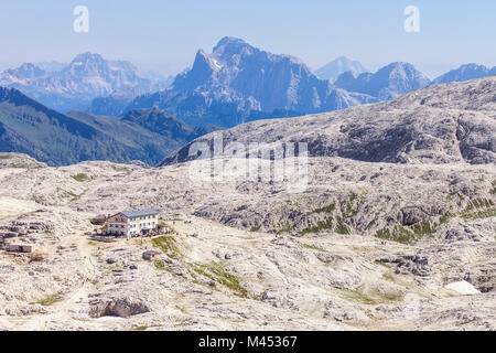 Rosetta refuge, Rosetta mount, Pale di San Martino Dolomites, Trento province, Trentino Alto Adige, Italy, Europe Stock Photo