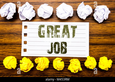 Handwritten text showing Great Job. Business concept for Success Appreciation Written on sticky, wooden with sticky, many folded paper white and yello Stock Photo