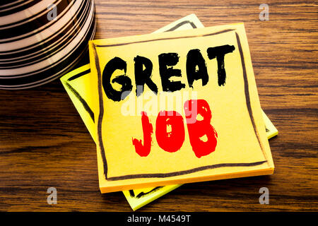 Handwriting Announcement text showing Great Job. Business concept for Success Appreciation written on sticky note paper on wooden wood background with Stock Photo
