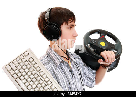 Preoccupied tired gamers with the equipments to control the computer game. Isolated on white background Stock Photo