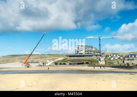 New apartments being built on Perranporth Beach in Cornwall UK. Stock Photo