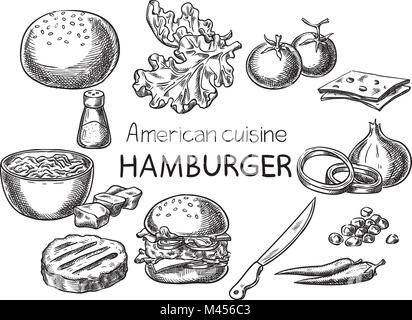 Hamburger. Creative conceptual vector. Sketch hand drawn American food recipe illustration, engraving, ink, line art, vector. Stock Vector