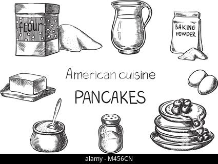 Pancakes. Creative conceptual vector. Sketch hand drawn American food recipe illustration, engraving, ink, line art, vector. Stock Vector