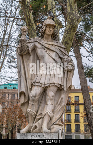 Madrid, Spain - January 4, 2018 : Limestone statue of Visigothic King Wamba (VVamba or Vamba). Located in the Plaza de Oriente square downtown Madrid  Stock Photo