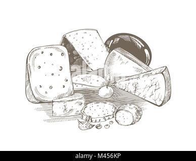 Creative conceptual vector. Sketch hand drawn cheese illustration, engraving, ink, line art, vector. Stock Vector