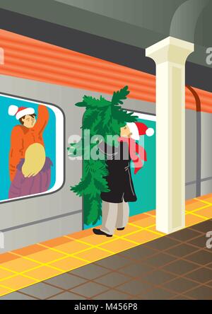 Creative conceptual christmas vector. Man in a subway with a christmas tree. Stock Vector