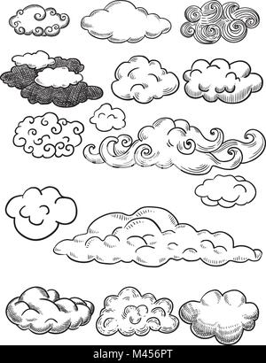 Creative conceptual vector. Sketch hand drawn clouds illustration, engraving, ink, line art, vector. Stock Vector