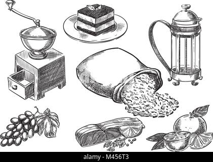 Creative conceptual vector. Sketch hand drawn food set illustration, engraving, ink, line art, vector. Stock Vector