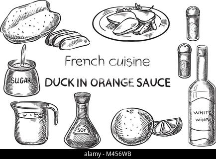 Duck In Orange Sauce. Creative conceptual vector. Sketch hand drawn french food recipe illustration, engraving, ink, line art, vector. Stock Vector