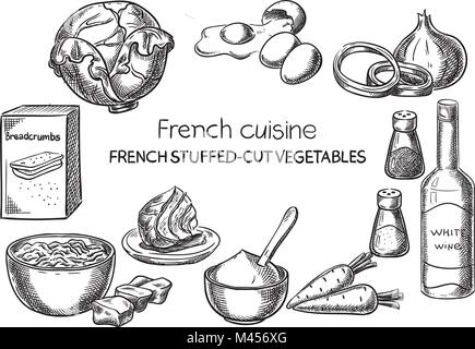French Stuffed-Cut Vegetables. Creative conceptual vector. Sketch hand drawn french food recipe illustration, engraving, ink, line art, vector. Stock Vector