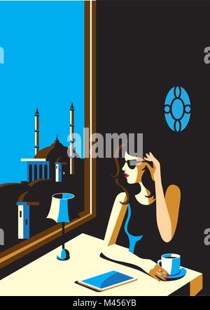 Creative conceptual vector. Woman sitting in a restaurant with a cup of coffee. Stock Vector