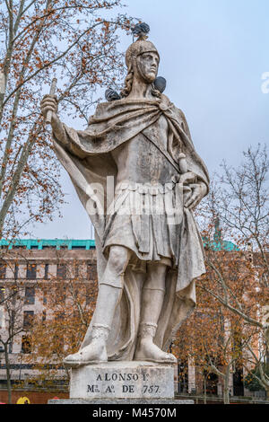 Madrid, Spain - January 4, 2018 : Limestone statue of Alfonso I of Asturias (The Catholic). Located in the Plaza de Oriente square downtown Madrid in  Stock Photo