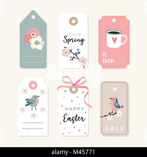 Set of spring, Easter gift tags and labels with flowers, cherry blossoms, birds and pink ribbon. Isolated vector collection. Stock Vector