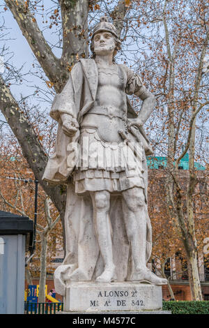 Madrid, Spain - January 4, 2018 : Limestone statue of Alfonso II of Asturias  (The chaste or El casto). Located in the Plaza de Oriente square downtow Stock Photo