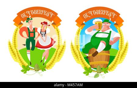 Creative conceptual vector illustration of Oktoberfest logo. Oktoberfest celebration design with man and woman dancing and beer. Stock Vector